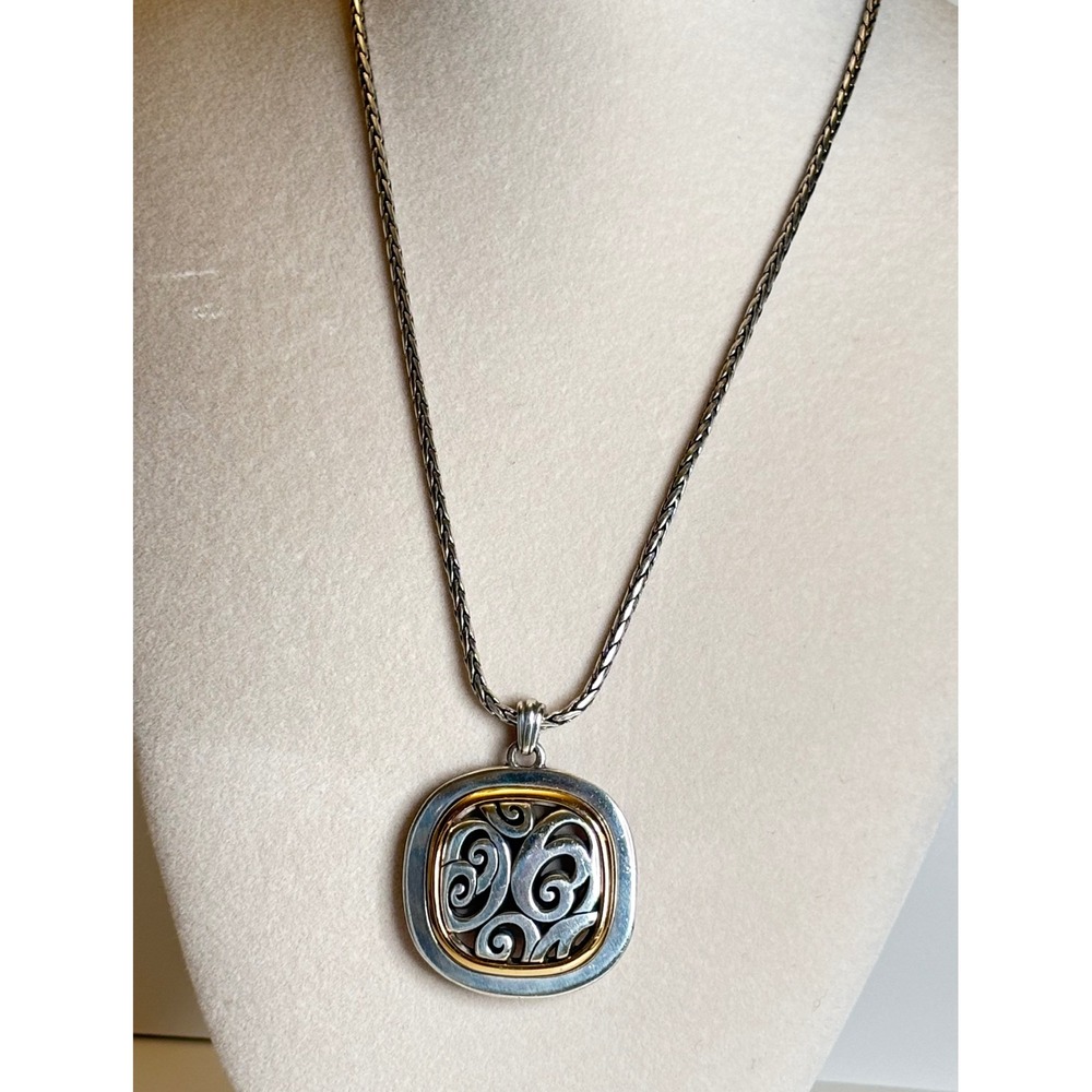 Brighton Reversible Square Scroll Pendant Necklace Two Tone Silver Gold 18"